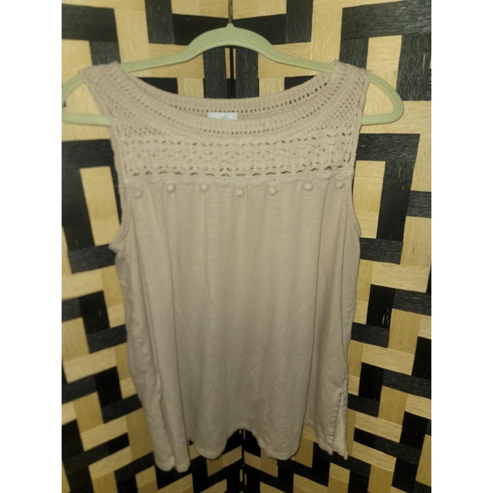 Boho Women's J.Jill Knit Cotton Tank Beige With Crochet Accent Size M Summer